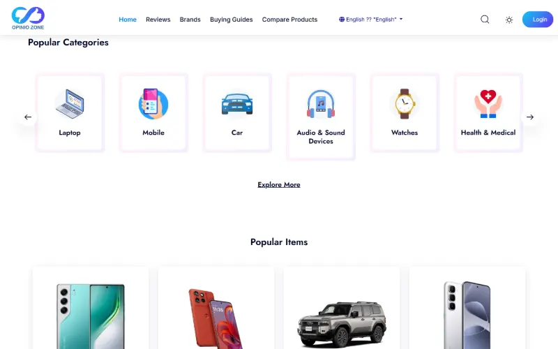 OpinioZone category and product sections